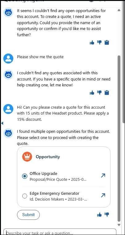 An Agentforce assistant turning a natural-language request into a priced, validated draft quote - Manras Technologies