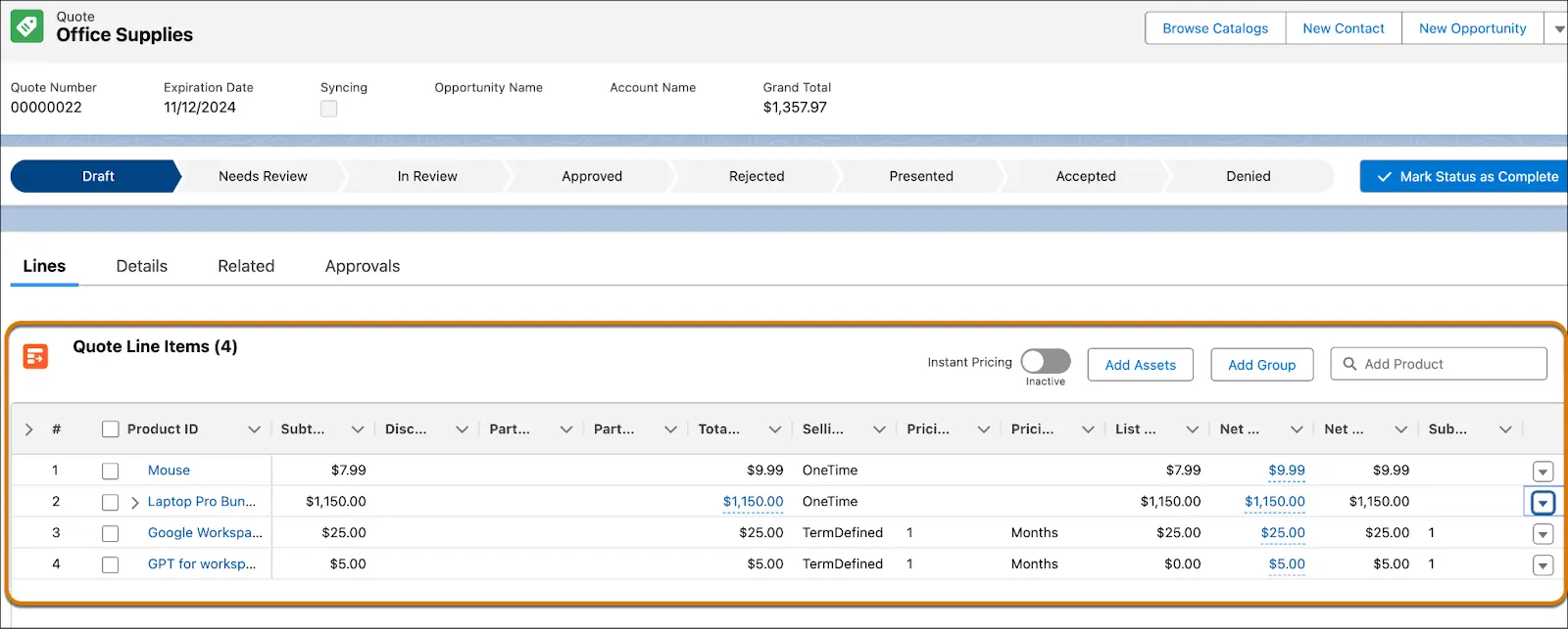 The Transaction Line Editor - a bundle with priced children, a usage line, and live totals - Manras Technologies