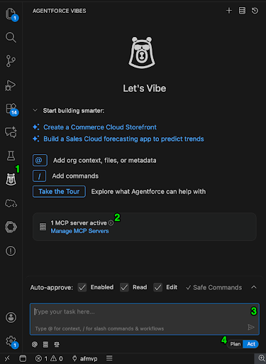 A quick tour - the Codey Vibes icon, MCP config, conversation panel & Plan , Act toggle - Manras Technologies