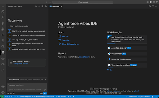 Agentforce Vibes IDE open in the browser (VS Code editor + sidebar) - Manras Technologies