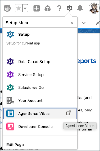 Launching Vibes - Setup menu dropdown with Agentforce Vibes highlighted - Manras Technologies