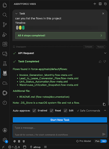 Act mode in action: Vibes explains each step as it lists the flows in a project 